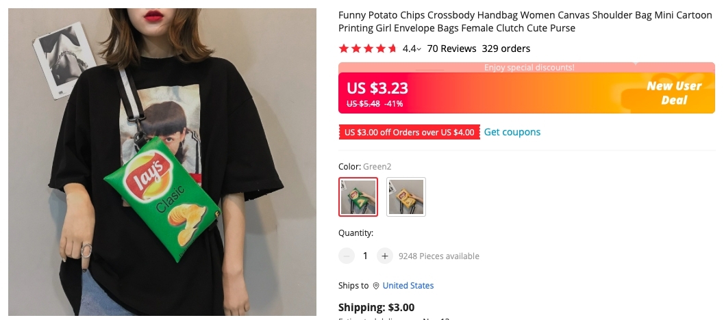 對此，有美國網友嘲諷，「像極了AliExpress上價值3美元的Lay's斜挎包」