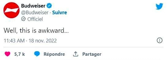 百威啤酒一度在官方Twitter上發文表示,「嗯,這真的很尷尬」