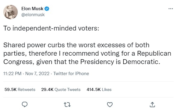 在拜登發表上述言論之前,馬斯克在美國中期選舉前夕呼籲選民投票給共和黨候選人,借此制衡民主黨政府。