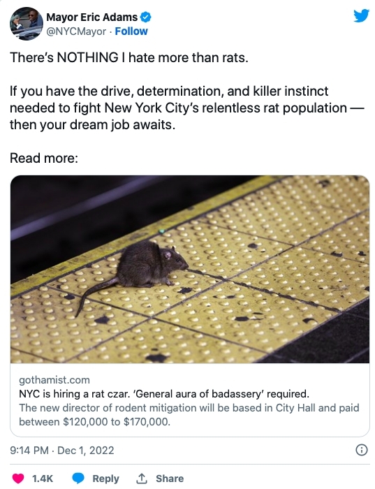 紐約市長Eric Adams在Twitter發文表示,滅鼠將是紐約打造更適合居住城市的重點任務之一。