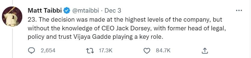 塔伊比稱推特行政總裁多爾西(Jack Drsey)對刪帖事件毫不知情。