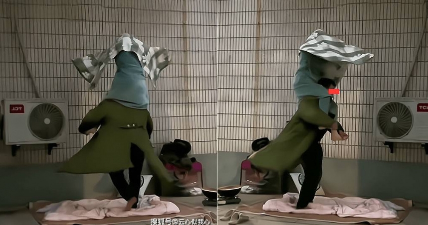 影片中男子正架著他的妻子原地快速轉圈,路人訝異兩人在寒冷天氣鋪席睡覺。