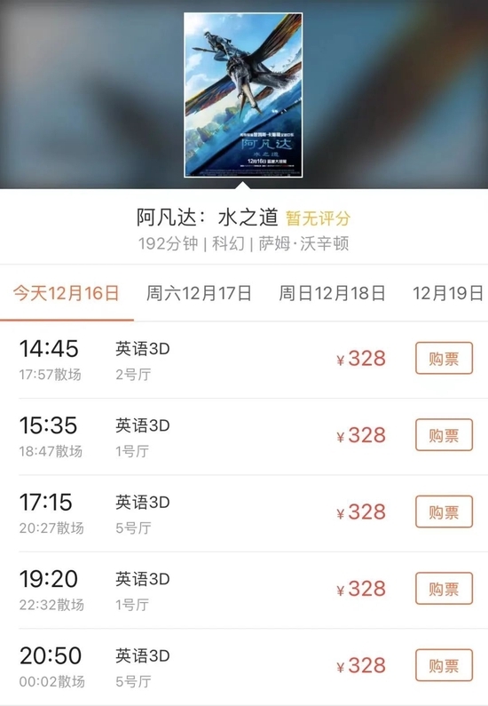 一線城市中心地段的影院的《阿凡達：水之道》IMAX特效廳票價基本都在200元左右，有的甚至高達300元以上。