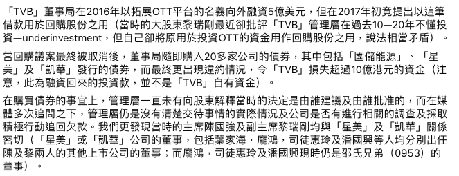 小股東指TVB投資債券失利。