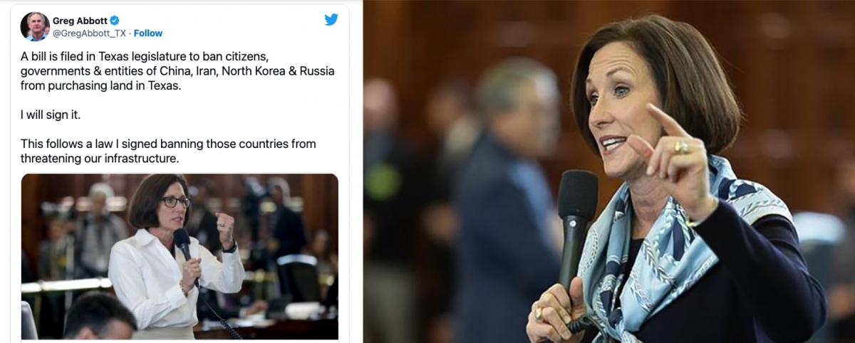 德州參議員科爾克霍斯特提法案，擬禁中國投資者買德州房地產，德州州長阿博特表態支持該法案。
