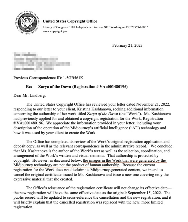 美國版權局在信函中表示，書中由Midjourney產出的封面等圖片，則不被視為人類創作，故不能受到版權保護。
