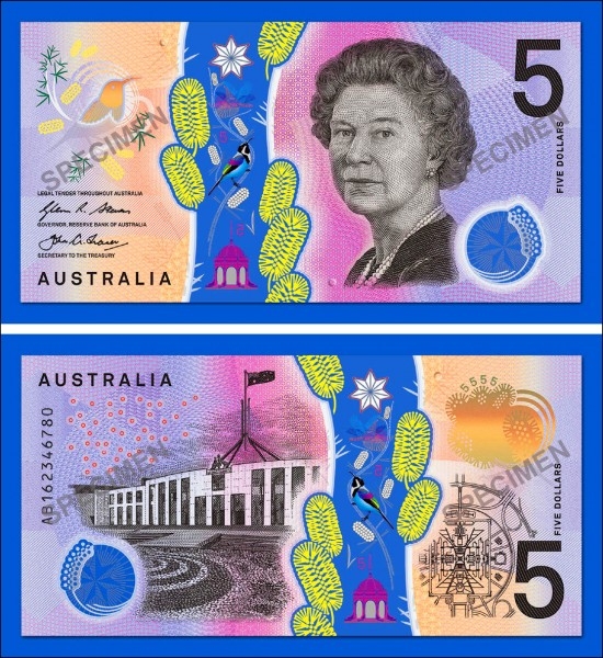 現有5元澳鈔正面印有伊利沙伯二世肖像,反面則是澳洲國會的圖案,未來5元新鈔正面將改成澳洲原民文化設計。