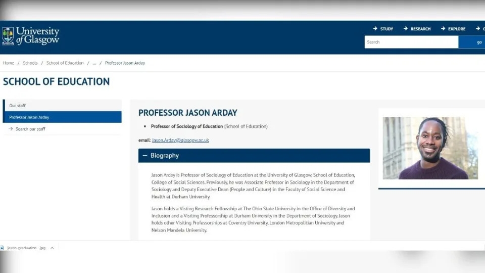 Jason Arday在35歲的年紀進入蘇格蘭格拉斯哥大學(University of Glasgow)任職教育社會學教授,據悉是當時英國最年輕的教授之一。