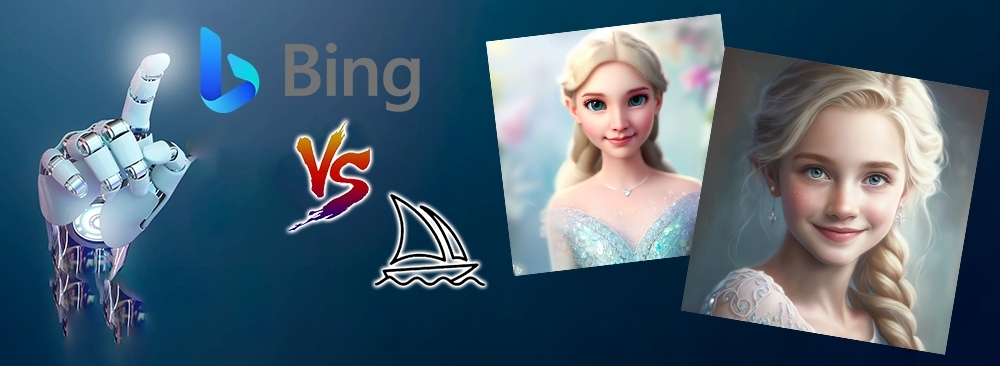 記者要求兩大AI繪圖程式創作貌似魔雪奇緣女主角Elsa的美麗女少圖像，結果Midjourney畫的少女（右圖）的美貌及圖片質素，完全打敗Bing Image Creator的作品（左圖）