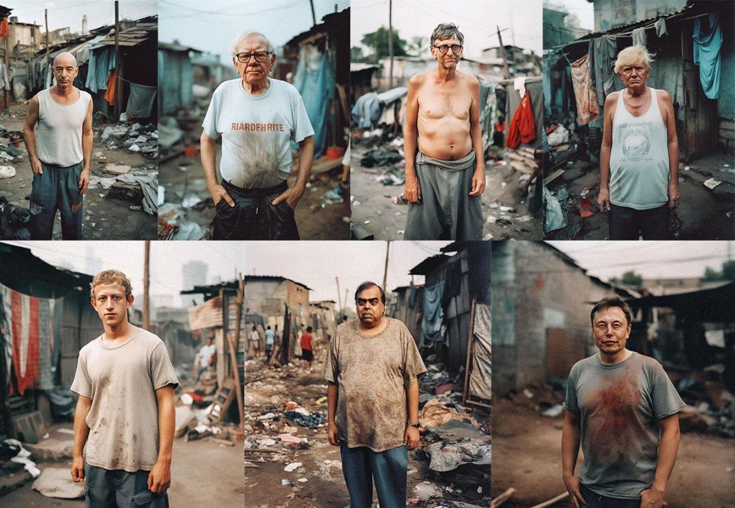 印籍藝術家Gokul Pillai通過文字生成圖畫（Text to Image）工具Midjourney，外加小幅度修圖，耗時2天生成7位全球富豪變窮模樣的照片。