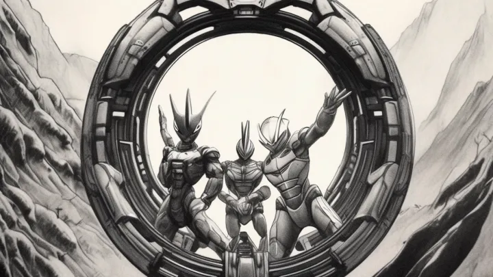 輸入「各色奧特曼環成一圈,舉手歡呼的場景」的「通義萬相」生成圖。