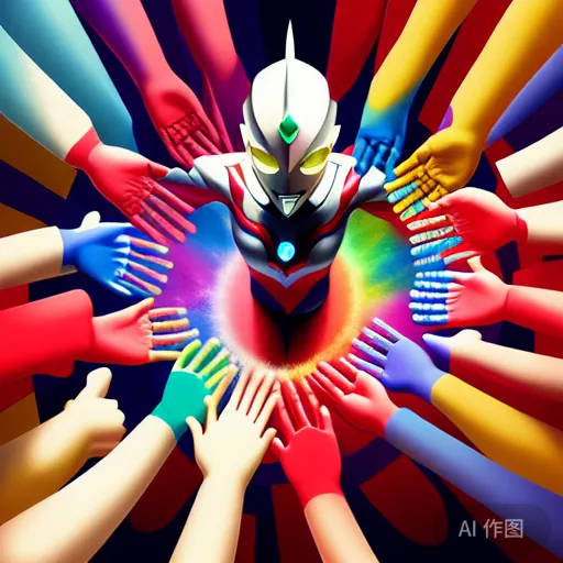 輸入「各色奧特曼環成一圈,舉手歡呼的場景」的「文心一言」生成圖。