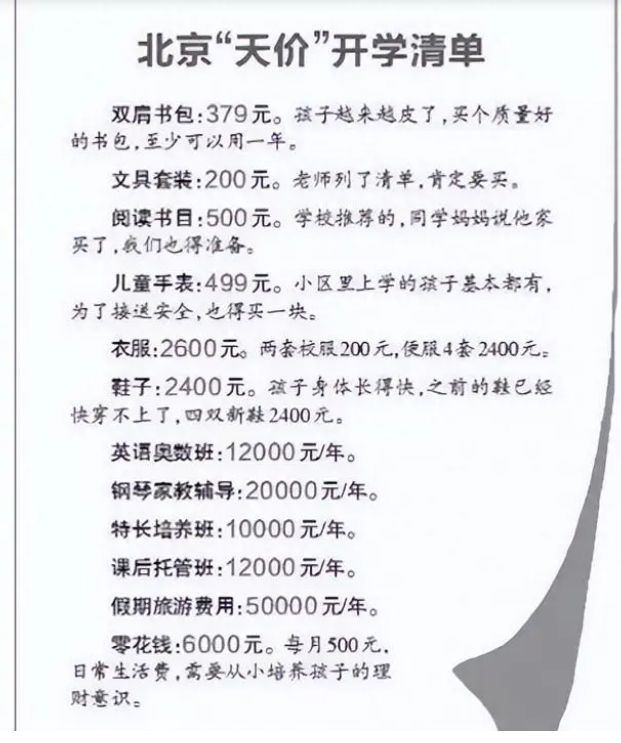 北京家長的開學開銷清單總額達42萬人民幣。
