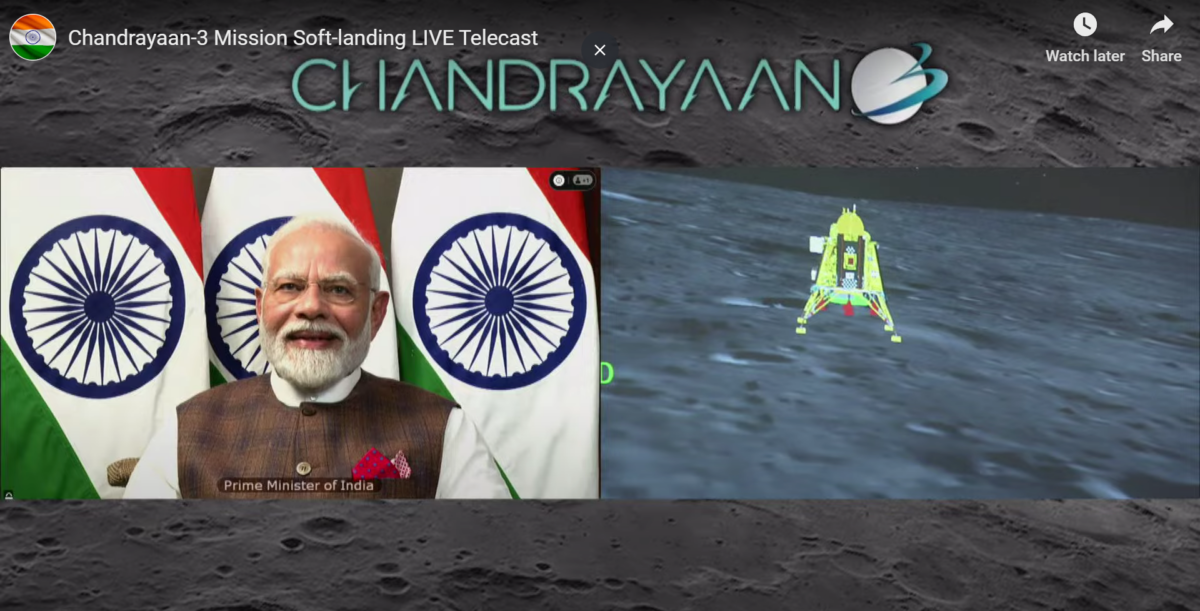 印度的「月神3號」（Chandrayaan-3）於當地時間23日，首次登陸月球南極地區，總理莫迪（Narendra Modi）與全國人民在線見證歷史性的一刻。