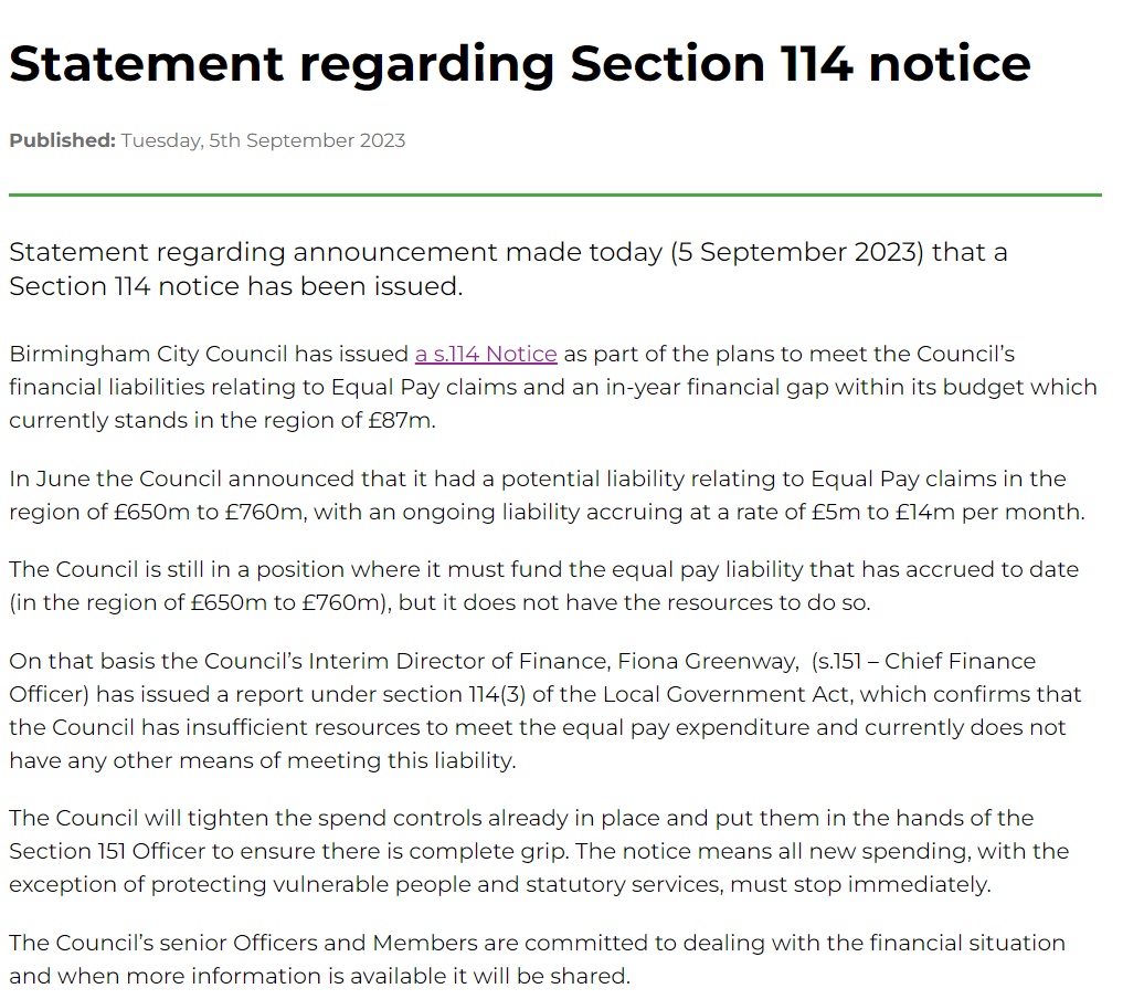 聲明中提到,市議會已無力支付同工同酬案高達7.6億英鎊的潛在高額賠償、成人社會護理需求大幅增加以及中央政府削減10億英鎊撥款的破產理由。