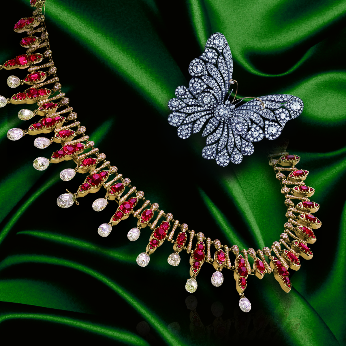 蝴蝶形鑽石胸針/吊墜和彩寶配鑽石項鏈,Wai Lun International Ltd