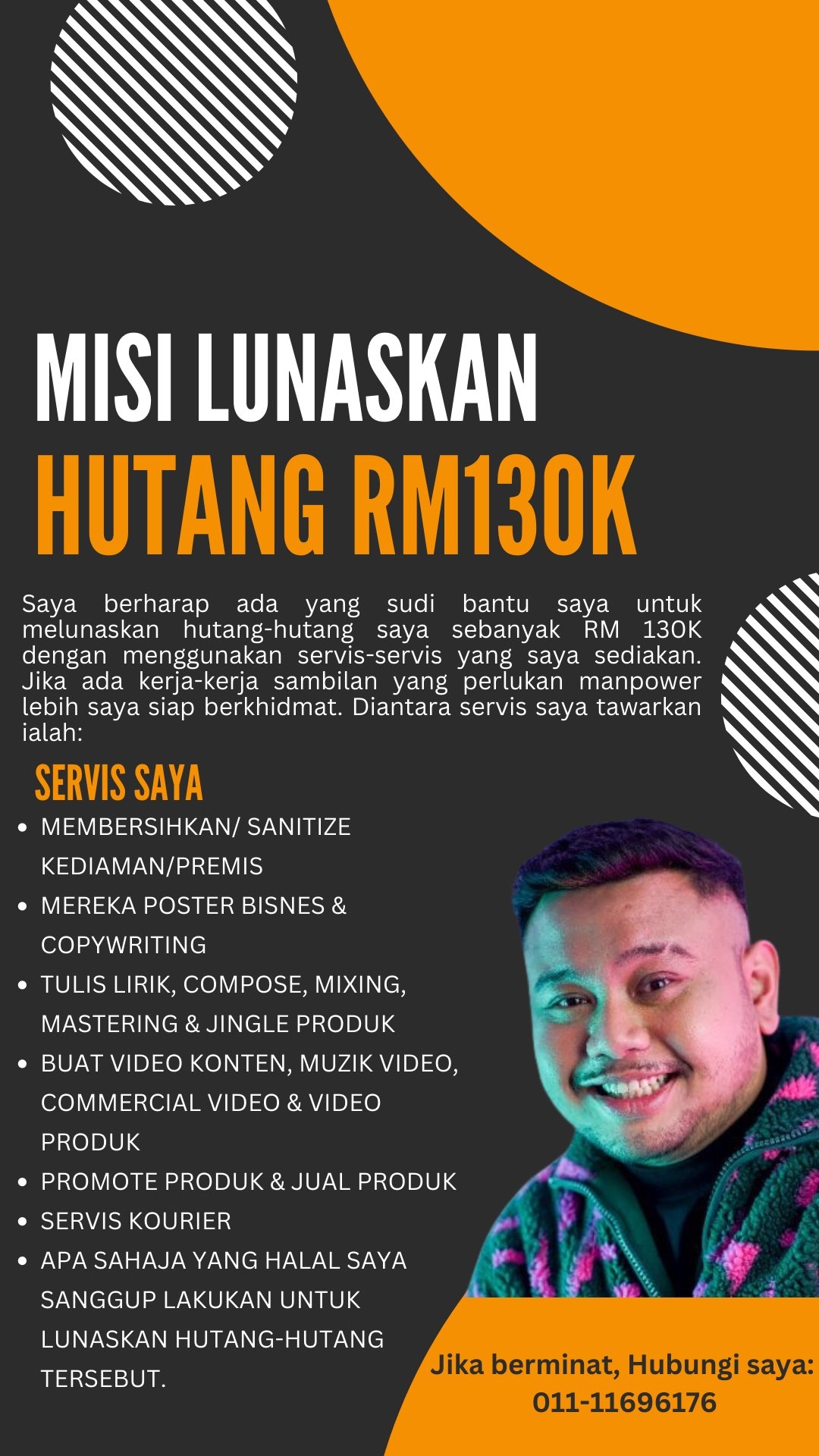 男子在社交媒體上求職,列出自己提供的服務,希望能得到更多工作機會,早日還清債務。