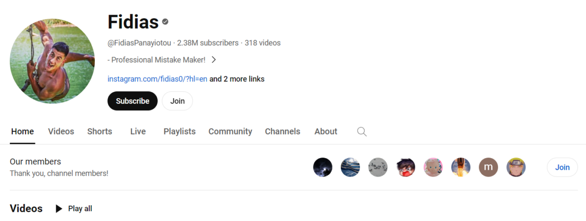 Fidias在個人Youtube頻道上坐擁238萬名粉絲。