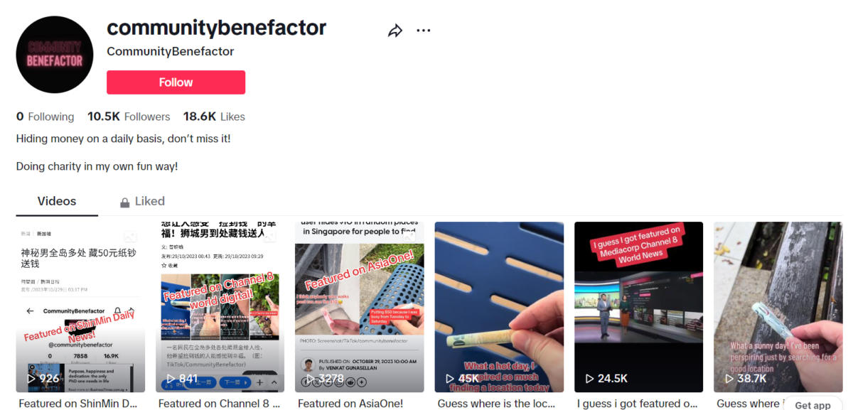 新加坡神秘男子到處藏鈔變相派錢，拍攝成影片上傳至TikTok引發熱議。