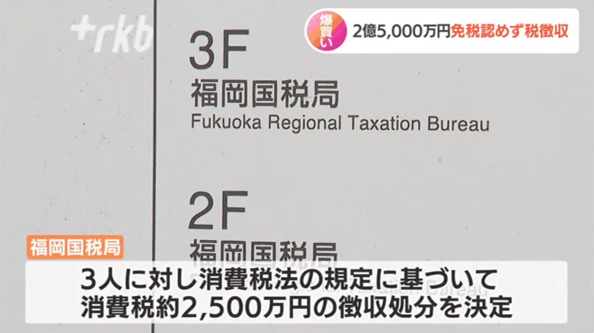 3名中國留學生在日本逗留的半年期間,購買了總值1300萬元的免稅品並寄回國,回國時因未能出示收據而遭徵收130萬元消費稅。