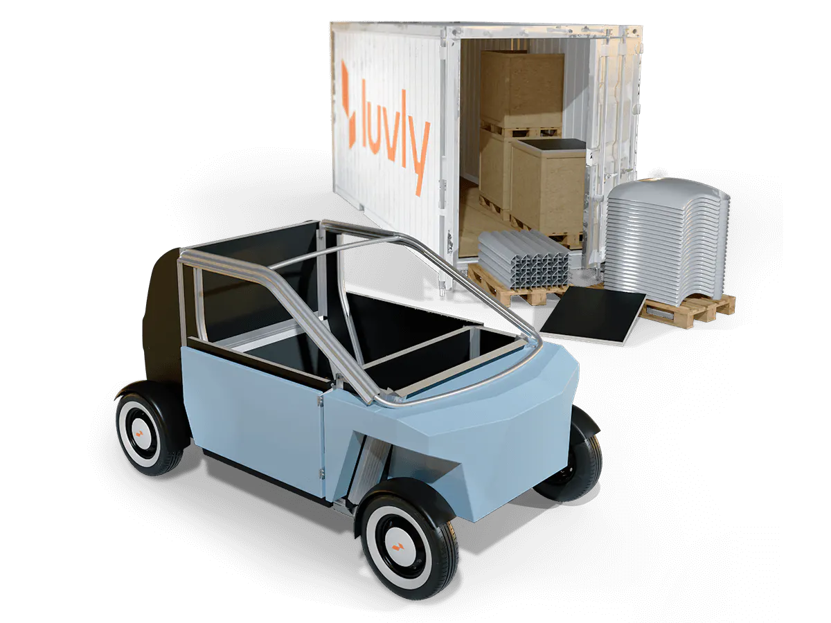 Luvly O的電池、外殼等零件都可拆卸回收，讓原本只能容納4輛汽車的集裝箱，放進20輛Luvly O的零件。