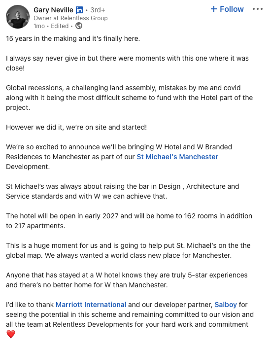 現年48歲的前曼聯球星加利尼維利在商界也一步一腳印地締造了自己的傳奇,早前在LinkedIn上介紹St Michael‘s這個全城矚目的新項目。