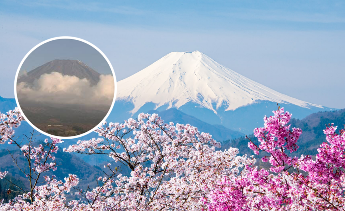 富士山近日熱得反常,山頂積雪全融化。