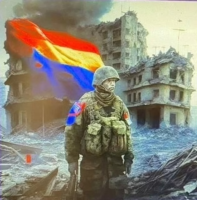 「俄羅斯的頓巴斯」的生成圖顯示「一名俄羅斯軍人站在被摧毀的房屋前」的圖片,背景飄曳著一張由紅、黃、藍色組成的三色旗幟。