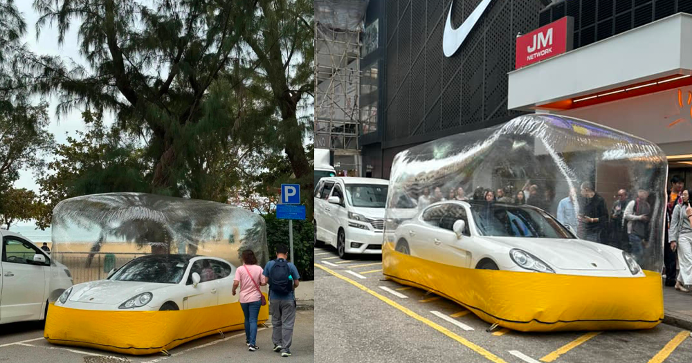 淺水灣泳灘一處停車場（左），及旺角西洋菜南街近豉油街的交界處（右）先後出現金鐘罩保時捷。