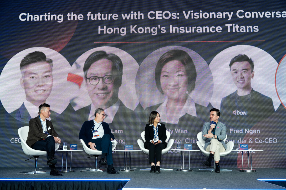 亞洲最大保險科技論壇Insurtech Insights Asia之上，香港保險業高層雲集，探討科技及AI對行業的影響。左起：AIA友邦香港及澳門首席執行官馮偉昌（Alger Fung）、Prudential保誠保險香港行政總裁林智剛（Lawrence Lam）、AXA安盛中國大陸、香港及澳門行政總裁（Sally Wan）尹玄慧、Bowtie（保泰人壽）聯合創辦人兼聯合行政總裁顏耀輝。