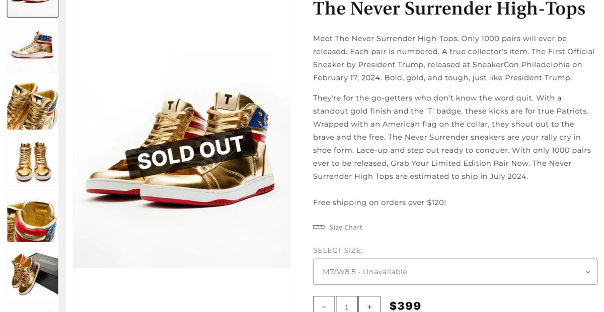 特朗普的「永不投降高幫運動鞋」僅限量1000雙，標價約3,100港元，目前已售罄。