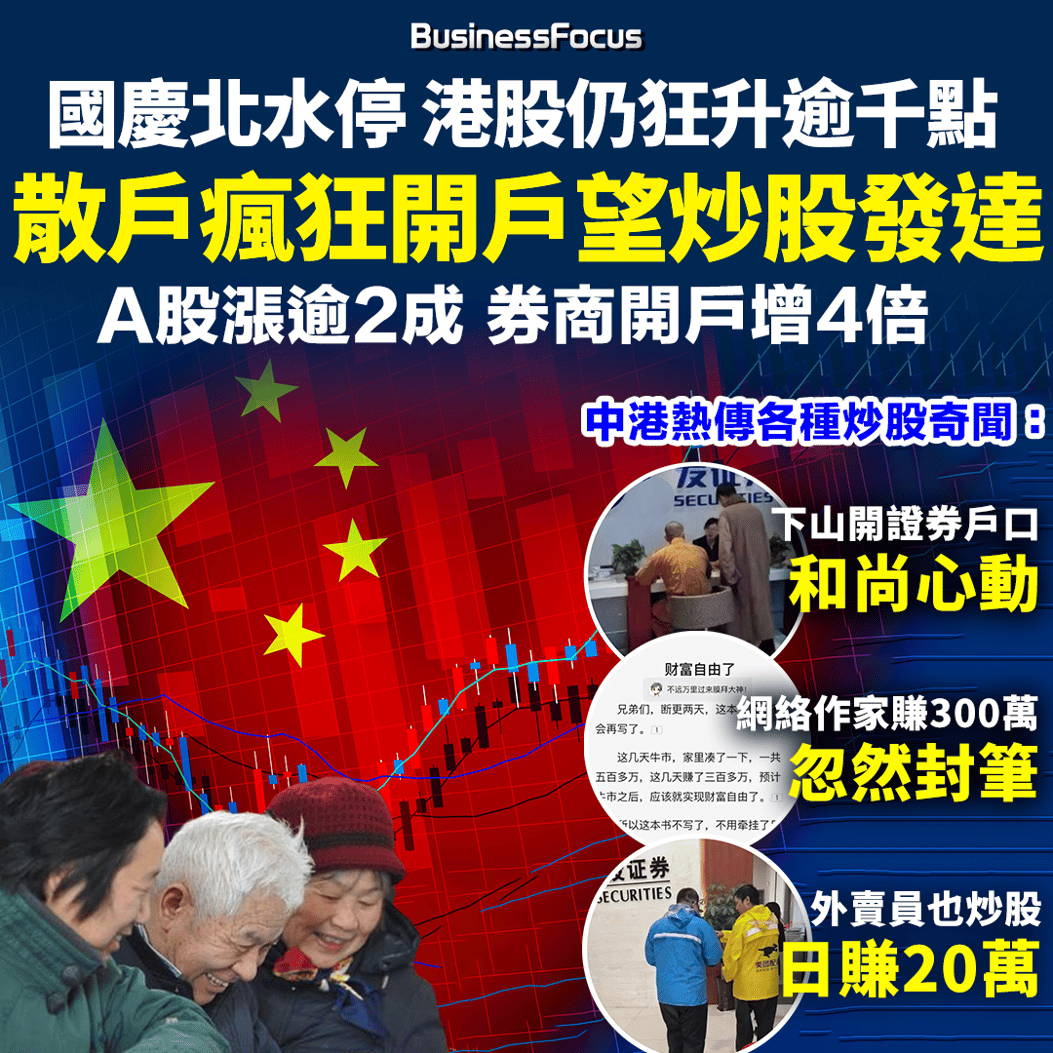 中港股市狂潮】國慶北水停港股仍狂升逾千點散戶瘋狂開戶望炒股發達A股漲逾2成券商開戶增4倍傳和尚也開戶炒股