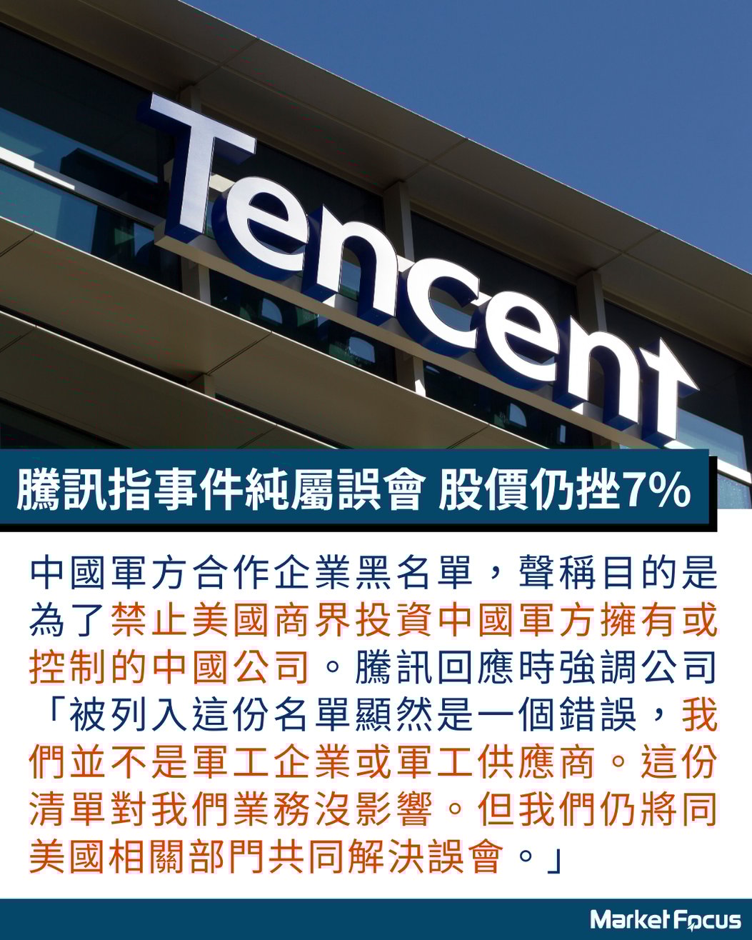 騰訊被制裁】被指涉嫌與中國軍方企業合作騰訊遭美國國防部列入黑名單騰訊指純屬誤會股價仍挫7% 小米或亦受災？ 內地基金對A股暫准買不准賣
