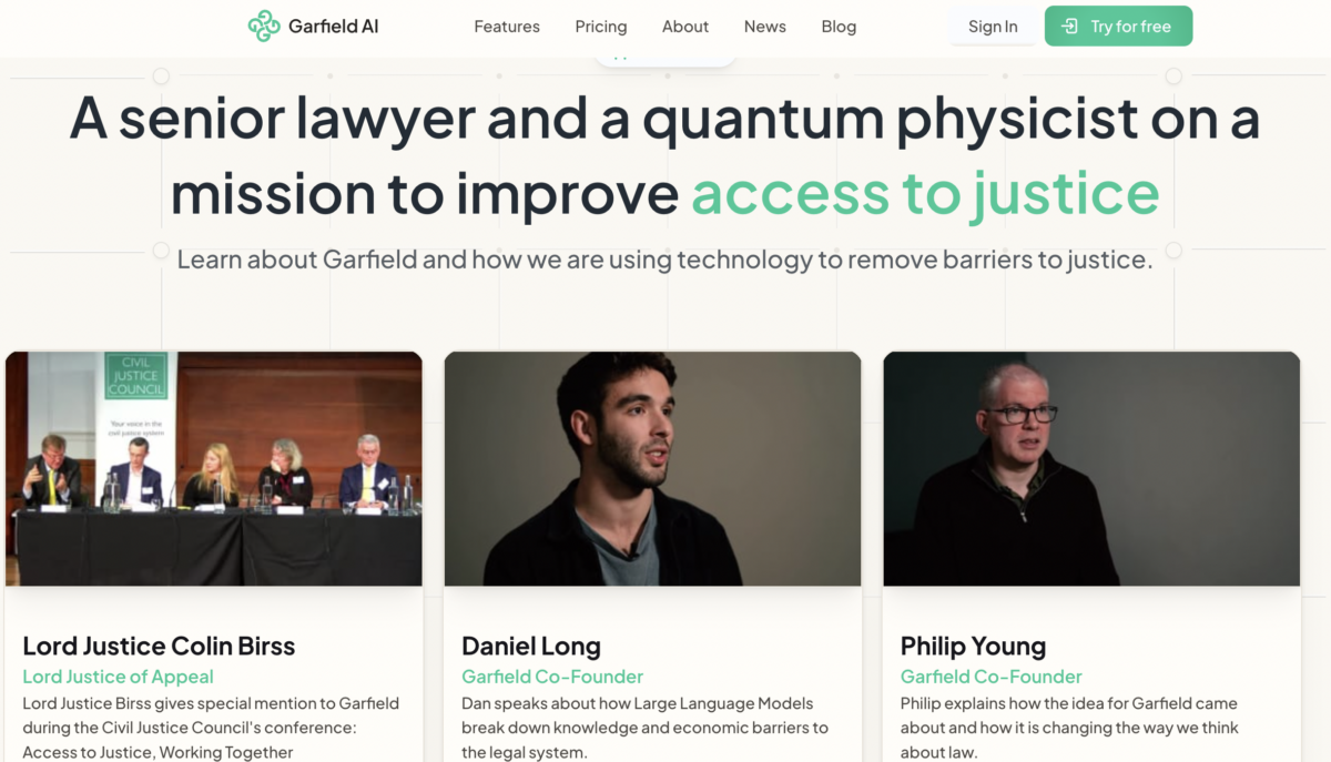 律師事務所Garfield.Law由人工智能完全驅動,由前訴訟律師兼量子物理學家Philip Young,以及Daniel Long創立。