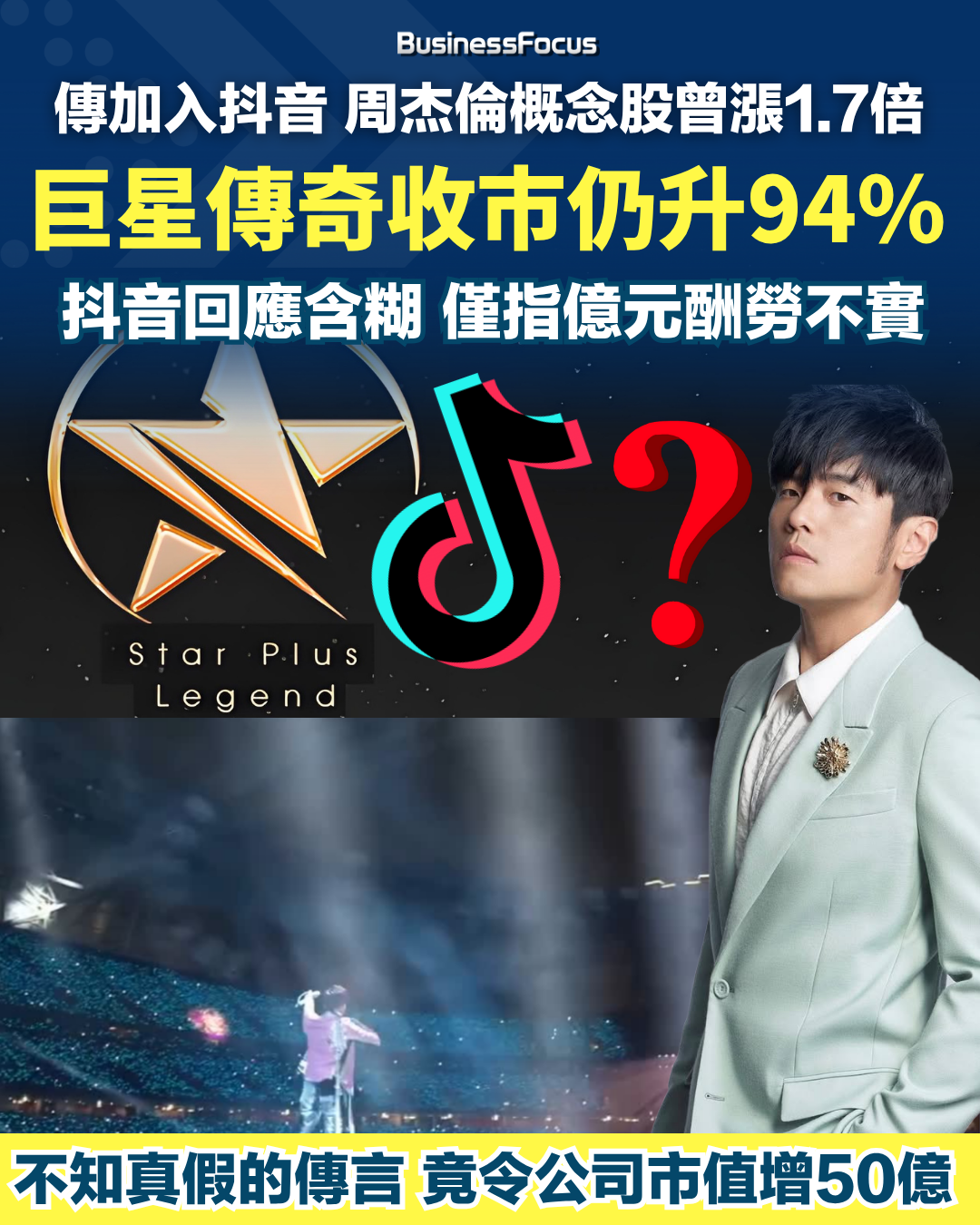 傳抖音以天價邀得周杰倫加入其平台,連巨星傳奇股價狂漲一倍。