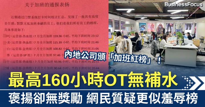 內地公司頒「加班紅榜」最高160小時OT無補水 網民斥更似羞辱榜