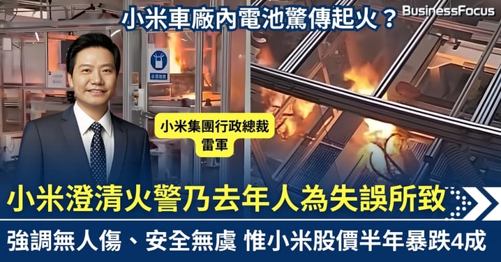 小米大跌4成散戶叫苦 汽車工廠內電池傳起火惹熱議 官方指屬去年人為失誤 強調安全無虞