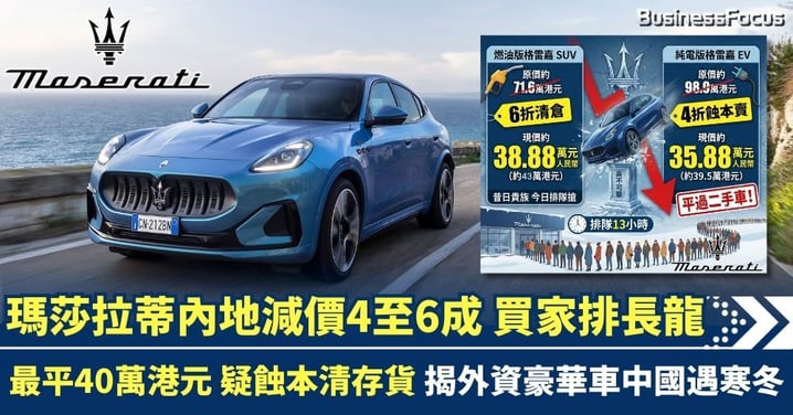 跑車皇后跌落凡間 瑪莎拉蒂內地狂減價4至6成 最平40萬港元 揭外資豪華車中國遇寒冬