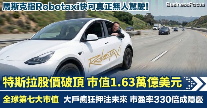馬斯克指Robotaxi快可真正無人駕駛 特斯拉股價破頂 市值1.63萬億美元踞全球第七 市盈率330倍成隱憂