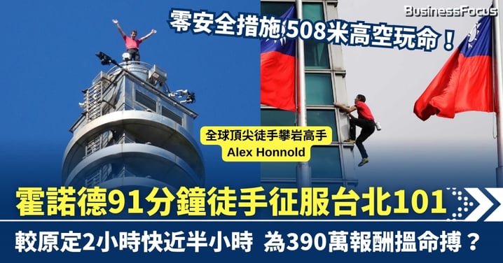 為390萬在508米高空玩命? 攀岩狂人霍諾德無繩攀頂 91分鐘徒手征服台北101