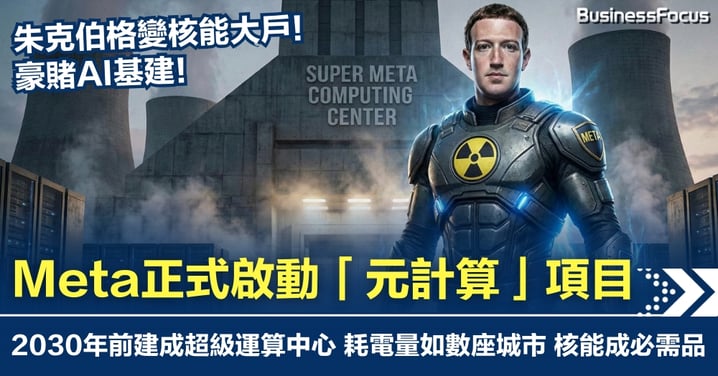朱克伯格狂買核能 豪賭AI基建！Meta正式啟動「元計算」 2030年前建成超級運算中心 耗電量如數座城市