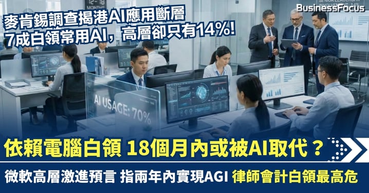 微軟高層激進預言 依賴電腦白領 18個月內恐被AI取代 麥肯錫調查揭港AI應用斷層 七成白領慣用AI 僅14%高層親身參與