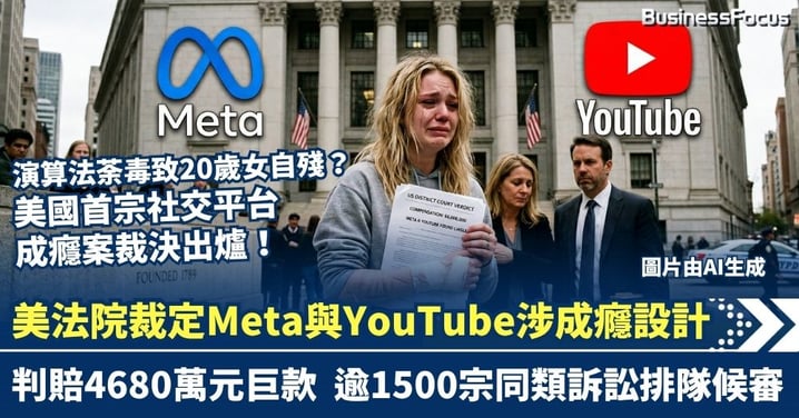 演算法荼毒致20歲女自殘？　美法院裁定Meta與YouTube涉成癮設計 判賠4680萬元 1500宗類似訴訟或帶引發百億賠償？
