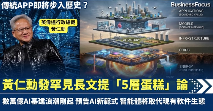 黃仁勳發罕見長文提「5層蛋糕」論　預言傳統APP即將消失　數萬億AI基建浪潮剛起
