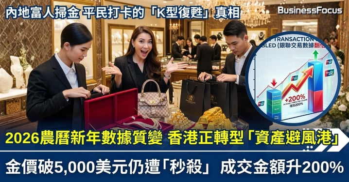2026農曆新年數據質變 香港正轉型「資產避風港」 金價破5,000美元仍遭「秒殺」 成交金額升200% 內地富人掃金 平民打卡的「K型復甦」真相