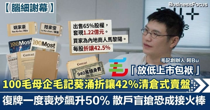 【腦細謝幕】「100毛」母企毛記葵涌折讓 42% 逾億清倉式賣盤！阿Bu嘆「放低上市包袱」 復牌竟一度喪炒飆升50%  散戶盲搶恐成「接火棒」？