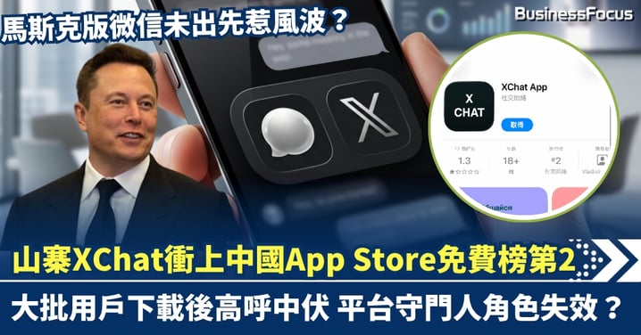 馬斯克版微信未出先惹風波? 山寨XChat衝上中國App Store免費榜第2 大批用戶下載後齊聲嗌中伏