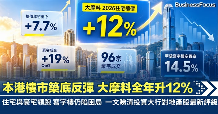 【樓市重拾升勢】 本港樓市築底反彈 大摩料全年升12%  住宅與豪宅領跑 寫字樓仍陷困局