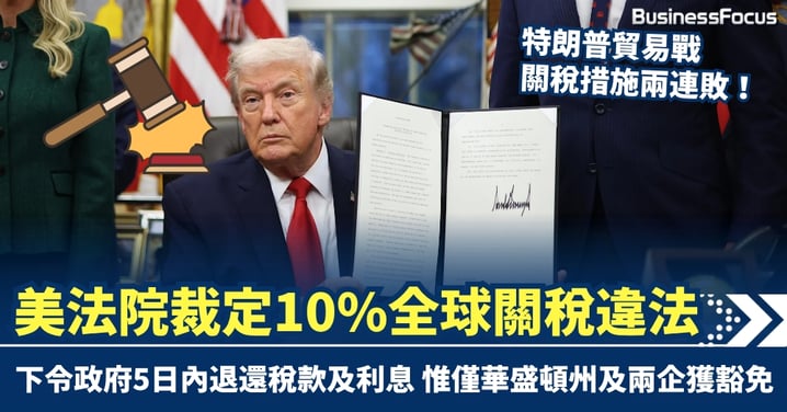 特朗普貿易戰兩連敗 美法院裁定10%全球關稅違法 下令政府5日內退還稅款及利息 惟僅華盛頓州及兩企獲豁免