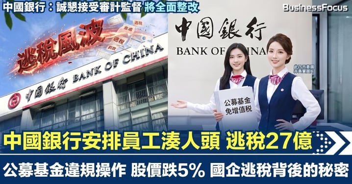 【國企也逃稅】中國銀行安排員工「湊人頭」 公募基金逃稅27億 股價急跌5.3%